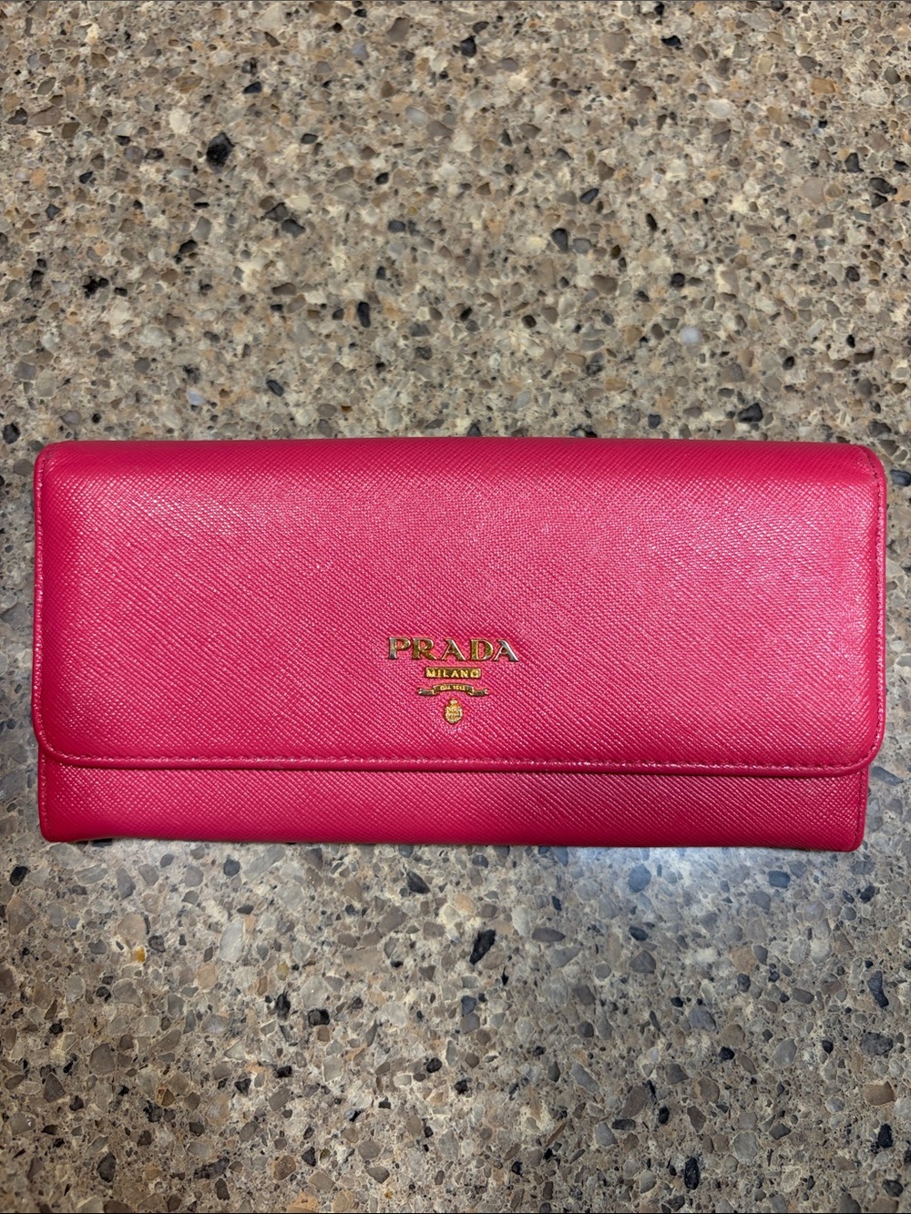 Prada Fuchsia Saffiano Leather Continental Wallet with Gold Logo